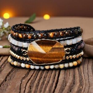 Boho Chic Tiger's Eye 5-Wrap Trendy Bracelet – Adjustable & Handmade 🌟